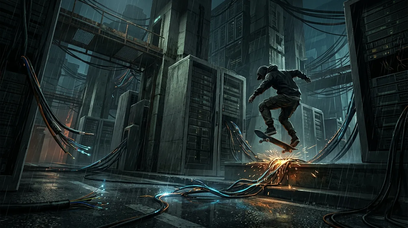 A lone skateboarder performing a street trick amidst towering concrete server racks with severed glowing data cables sparking against the asphalt